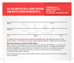 KYB $40 for 4 Rebate Certificate