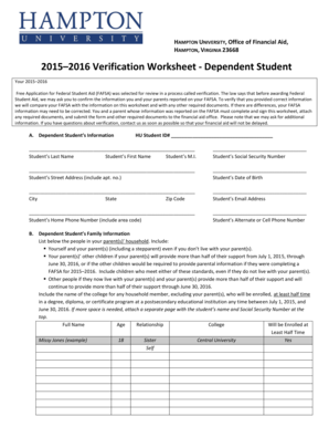 2015–2016 Verification Worksheet - Dependent Student