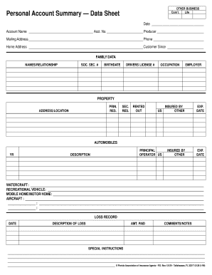 Personal Account Summary Data Sheet
