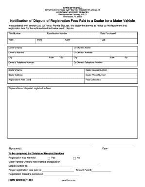 Notification of Dispute of Registration Fees Paid to a Dealer for a Motor Vehicle
