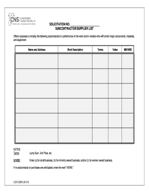Subcontractor Supplier List Form