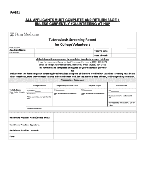 Tuberculosis Screening Record for College Volunteers