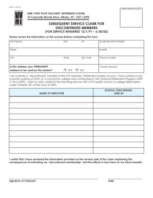 Subsequent Service Claim for Discontinued Members