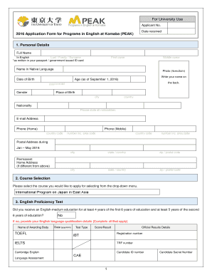 2016 University of Tokyo PEAK Application Form