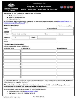 Trade Marks Act 1995 Request for Amendment