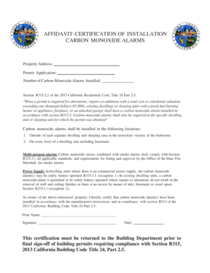 Affidavit Certification of Carbon Monoxide Alarms Installation