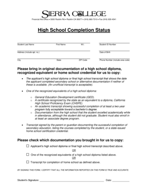 High School Completion Status Form