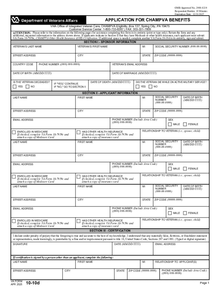 VA Form 10-10D, APPLICATION FOR CHAMPVA BENEFITS Preview on Page 1