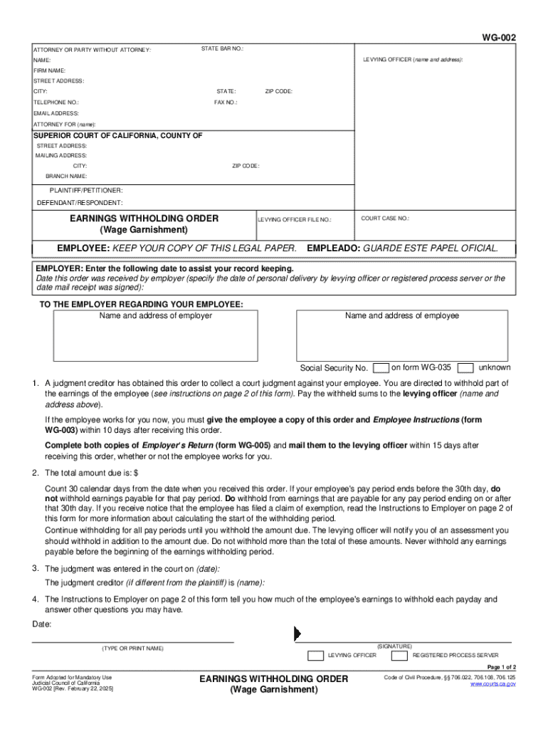WG-002 Earnings Withholding Order (Wage Garnishment) Preview on Page 1