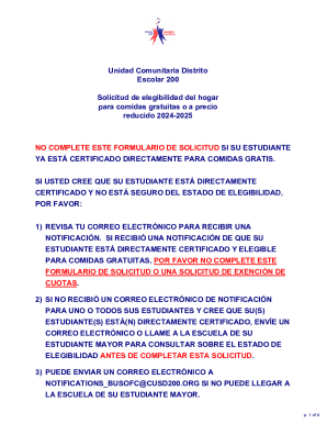 Solicitud de elegibilidad del hogar para comidas gratuitas o a precio reducido 2024-2025