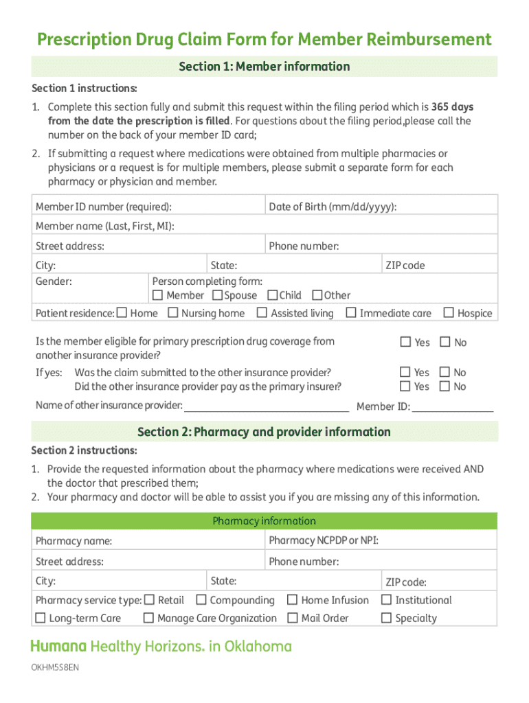 Prescription Drug Claim Form for Member Reimbursement Preview on Page 1