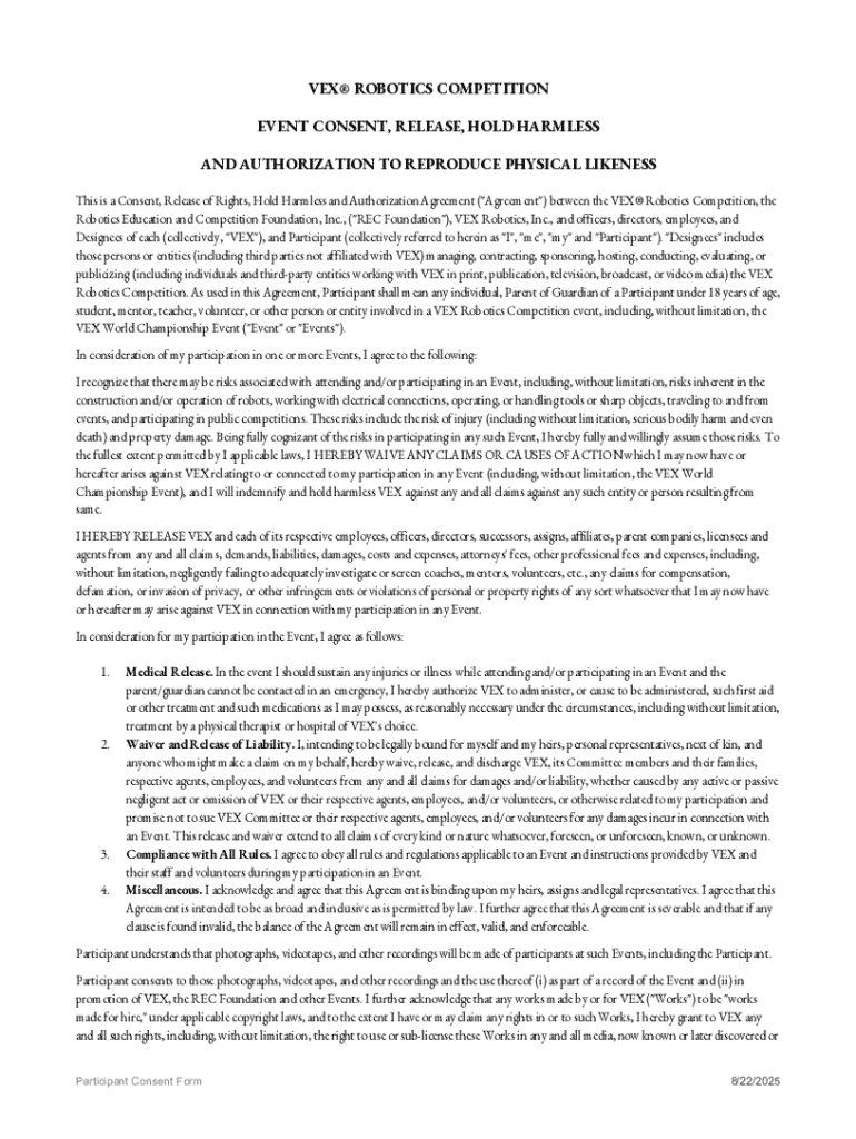 Vex Robotics Competition Event Consent Form Preview on Page 1