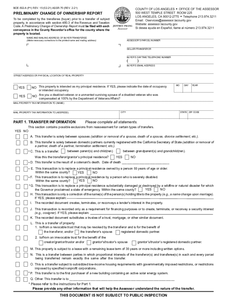 California Preliminary Change of Ownership Report - Blank Fillable ...
