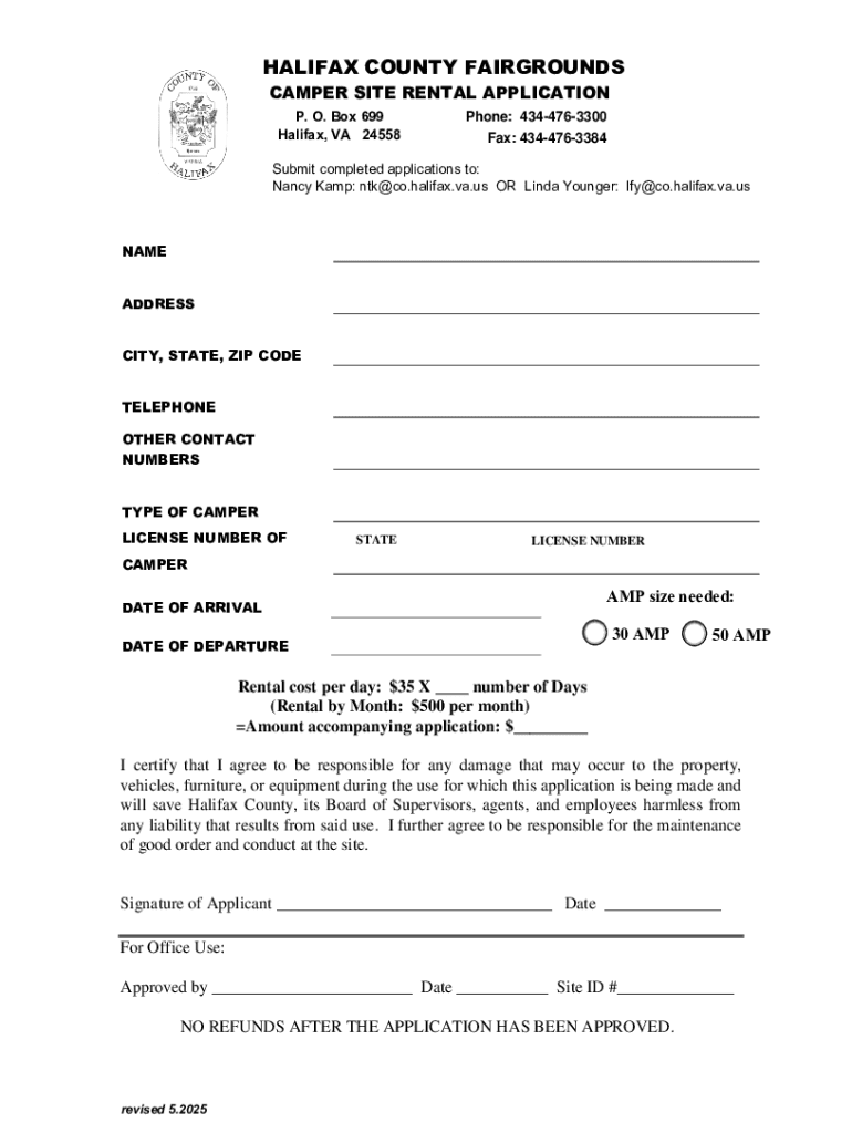 Camper Site Rental Application Preview on Page 1