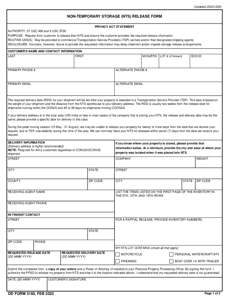 DD Form 3160, "Non-Temporary Storage (NTS) Release Form" Preview on Page 1