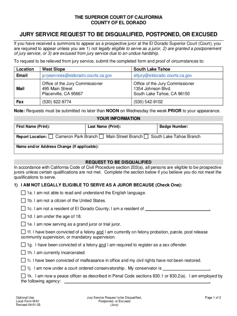 Jury Service Request to Be Disqualified, Postponed, or Excused Preview on Page 1