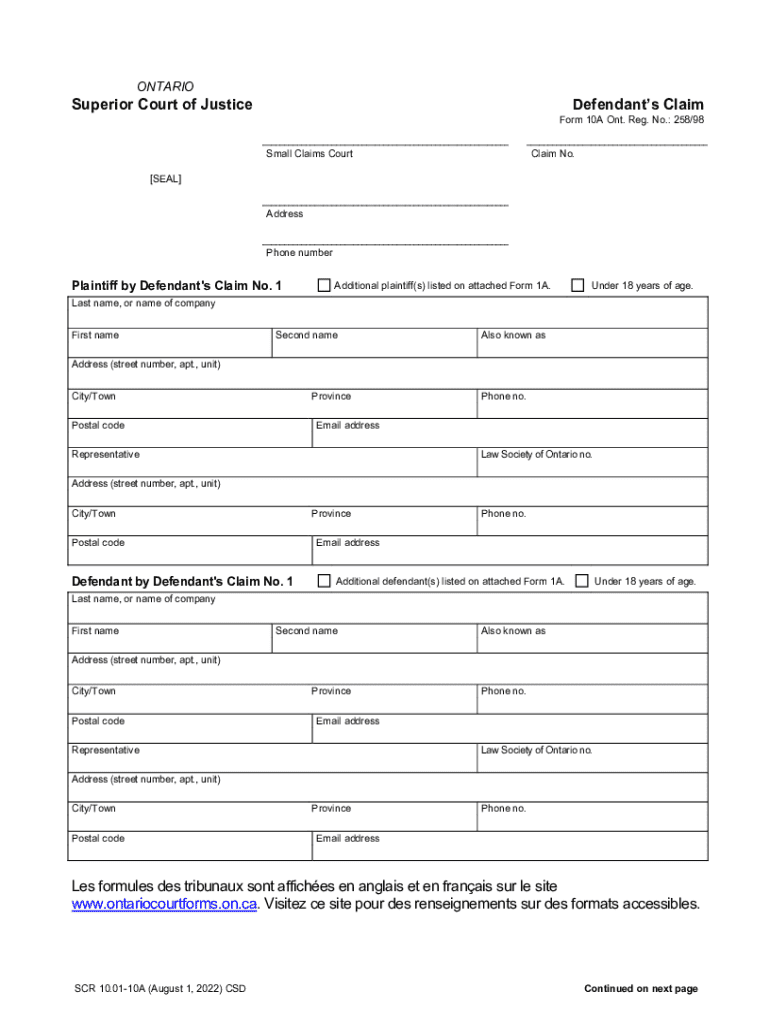 Ontario Small Claims Court Defendant's Claim Form 10A Preview on Page 1