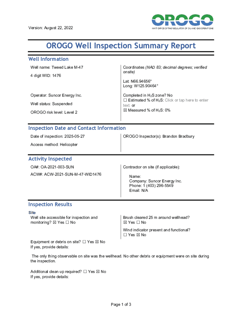 Orogo Well Inspection Summary Report Preview on Page 1