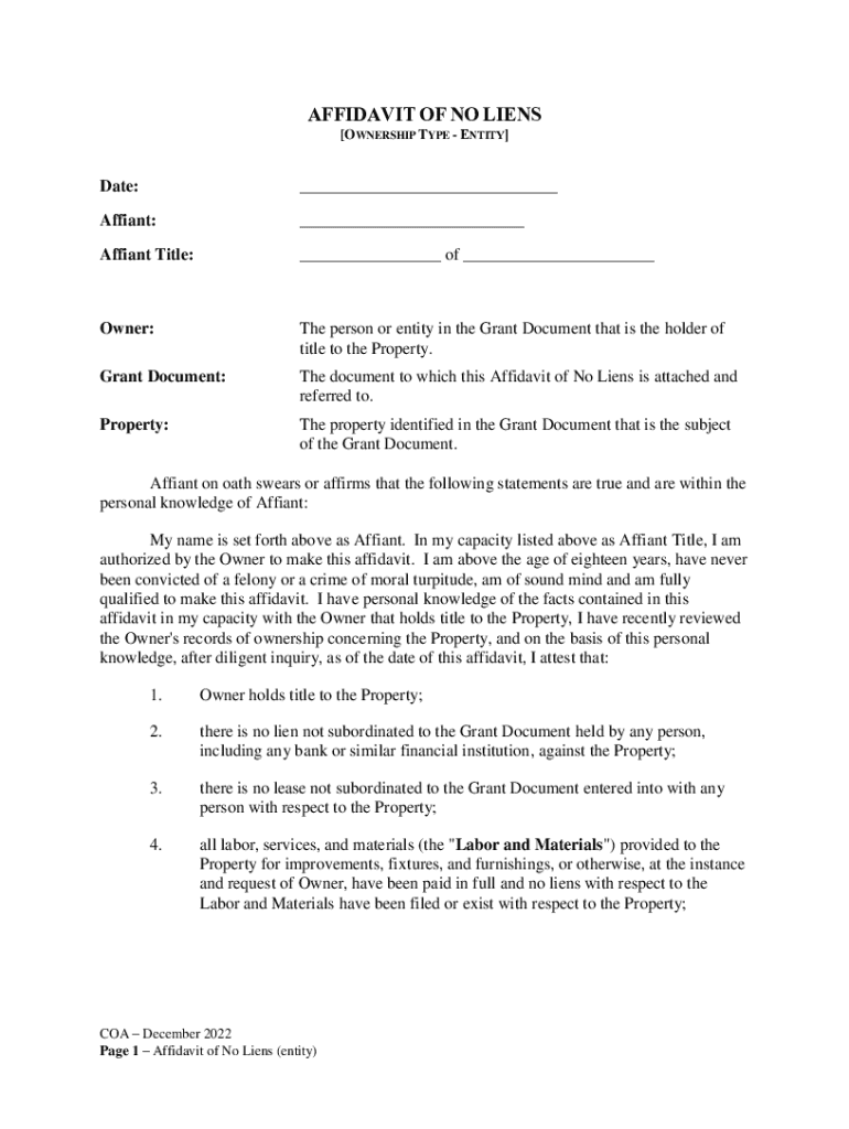 Affidavit of No Liens Preview on Page 1
