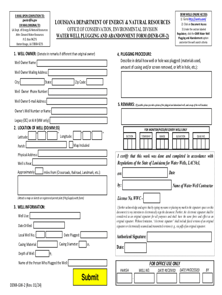 Water Well Plugging and Abandonment Form (denr-gw-2) Preview on Page 1