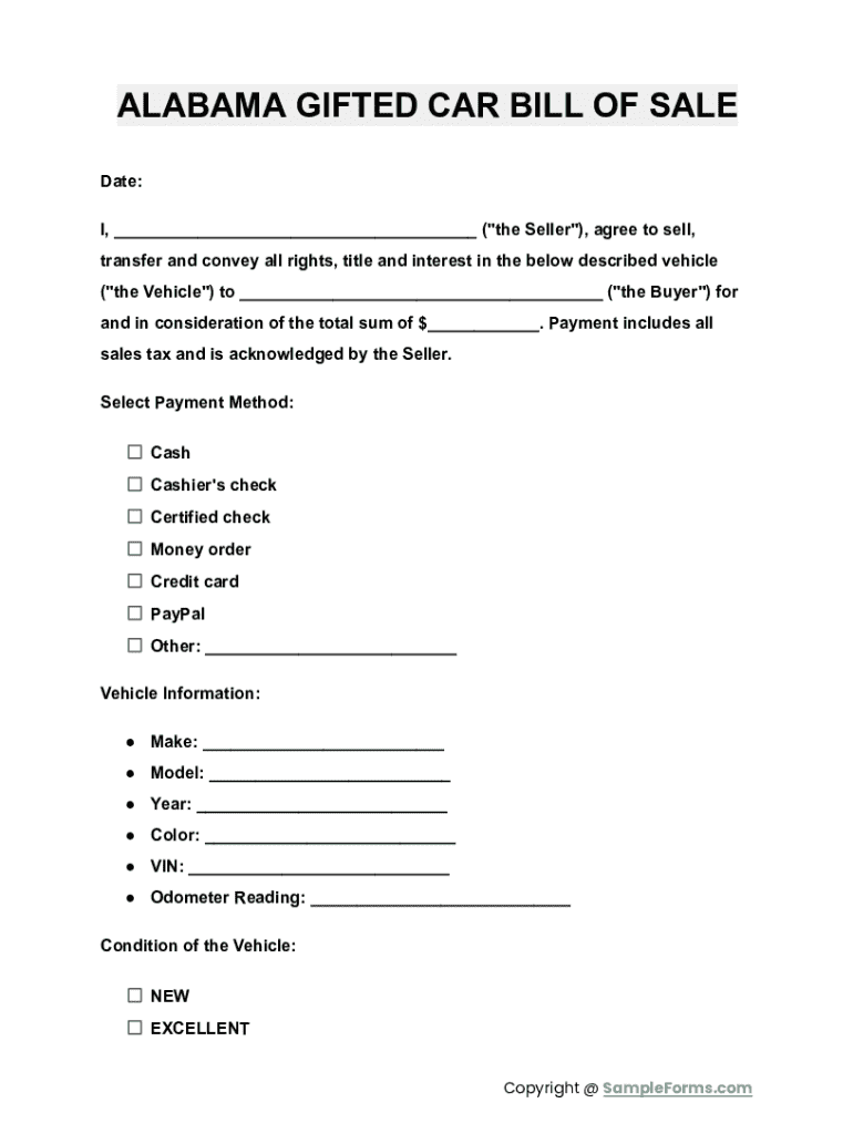 Alabama Gifted Car Bill of Sale Preview on Page 1