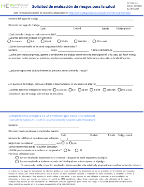Health hazard evaluation request form, solicitud de evaluacin de riesgos para la salud. request for a health hazard evaluation, solicitud de evaluacin de riesgos para la salud