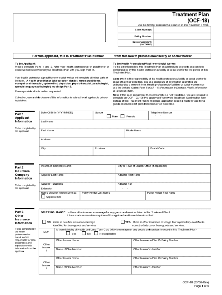 Fillable Online SABS Forms - Treatment and Assessment Plan (OCF-18) Fax