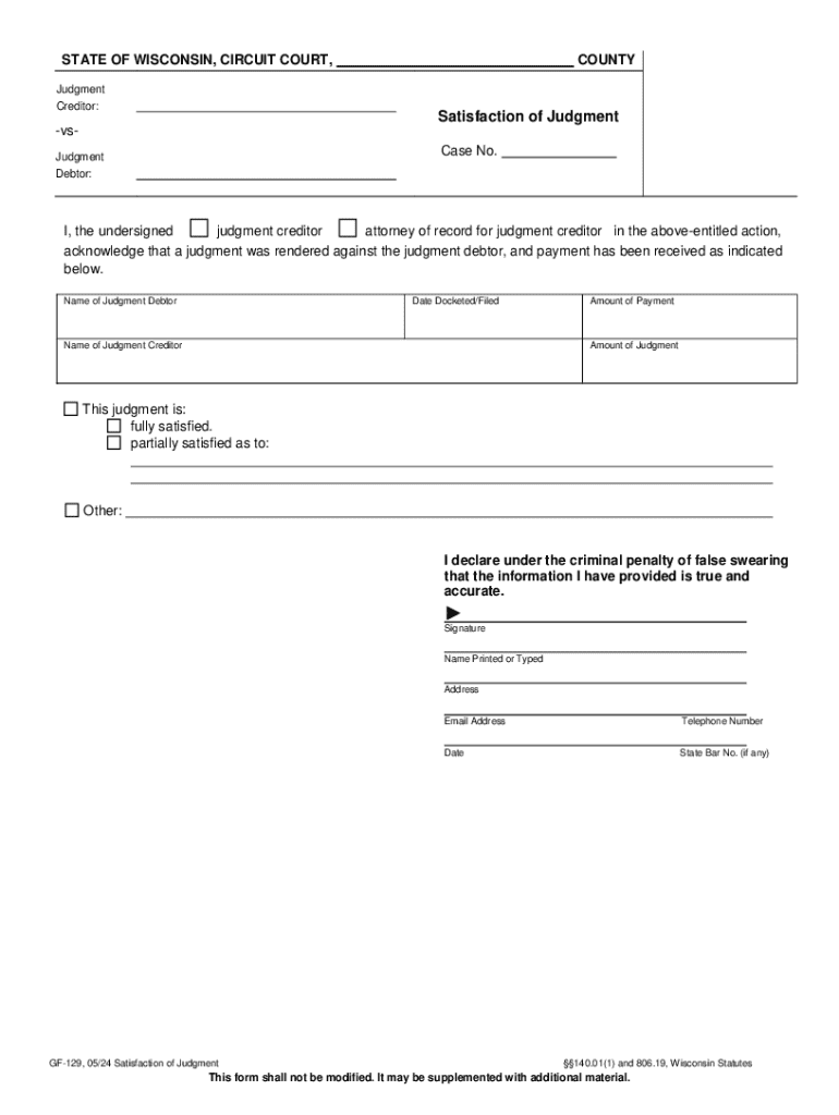 GF-129; Satisfaction of Judgment or Partial Satisfaction of Lien WI State Courts Preview on Page 1