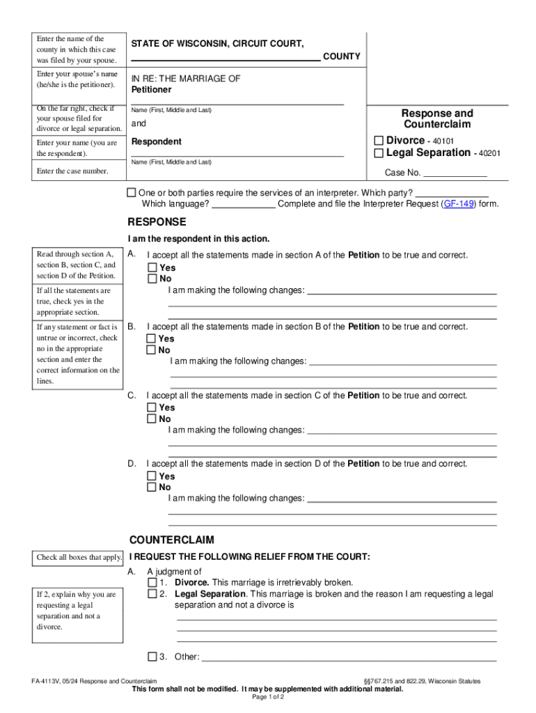 FA-4113V; Response and Counterclaim Preview on Page 1