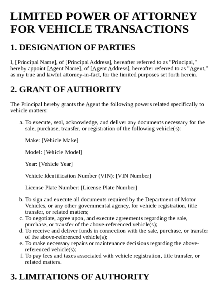 Limited Power of Attorney Vehicle Template Preview on Page 1