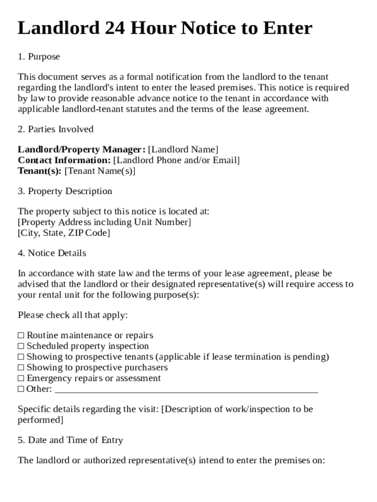 Landlord 24 Hour Notice to Enter Template Preview on Page 1