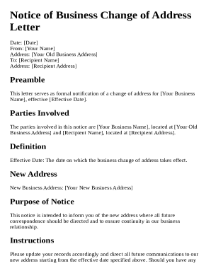 Notice Business Change Of Address Letter Template Blank Fillable 