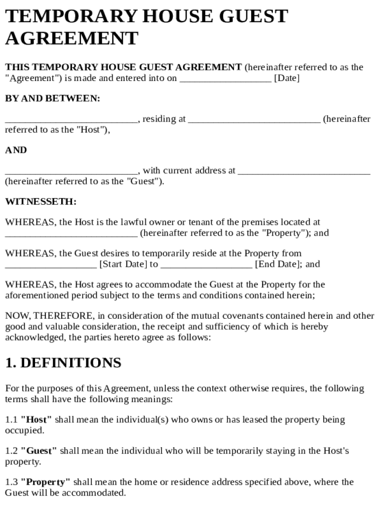 temporary house guest agreement Preview on Page 1