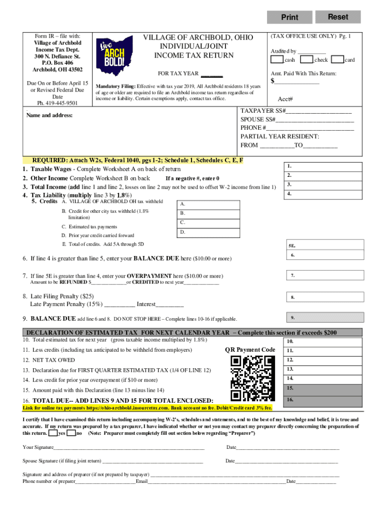 form w-1 village of archbold, ohioemployer's return of tax Preview on Page 1