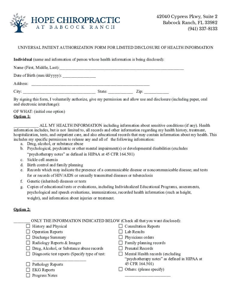 Fillable Online Universal Patient Authorization For Full Disclosure of ...
