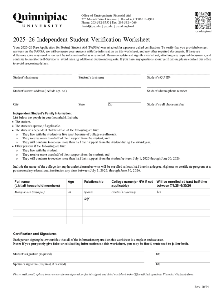 Fillable Online 202526 Independent Student Verification Worksheet Fax ...