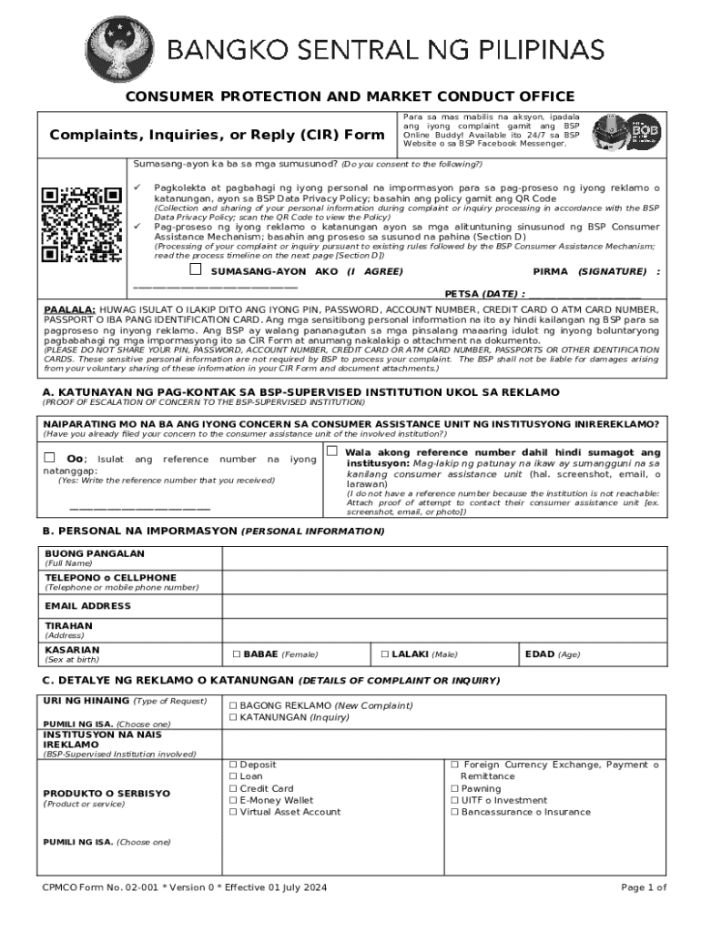 BSP Complaints, Inquiries, or Reply (CIR) Form Preview on Page 1