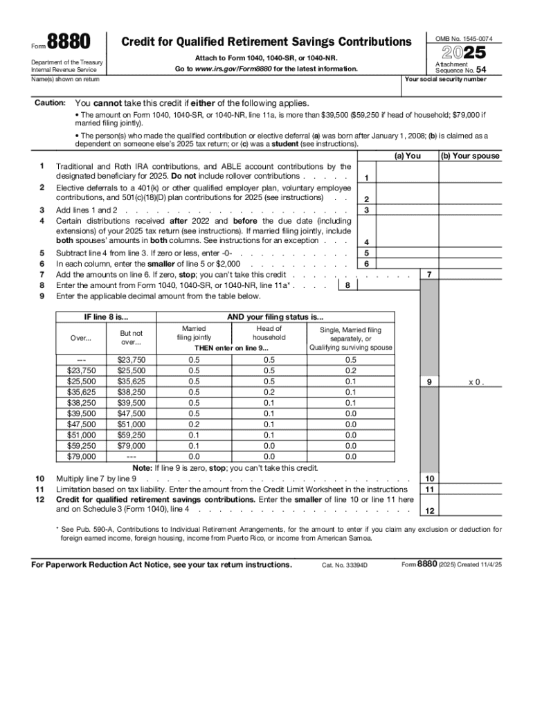 2025 Form 8880 Credit for Qualified Retirement Savings Contributions Preview on Page 1