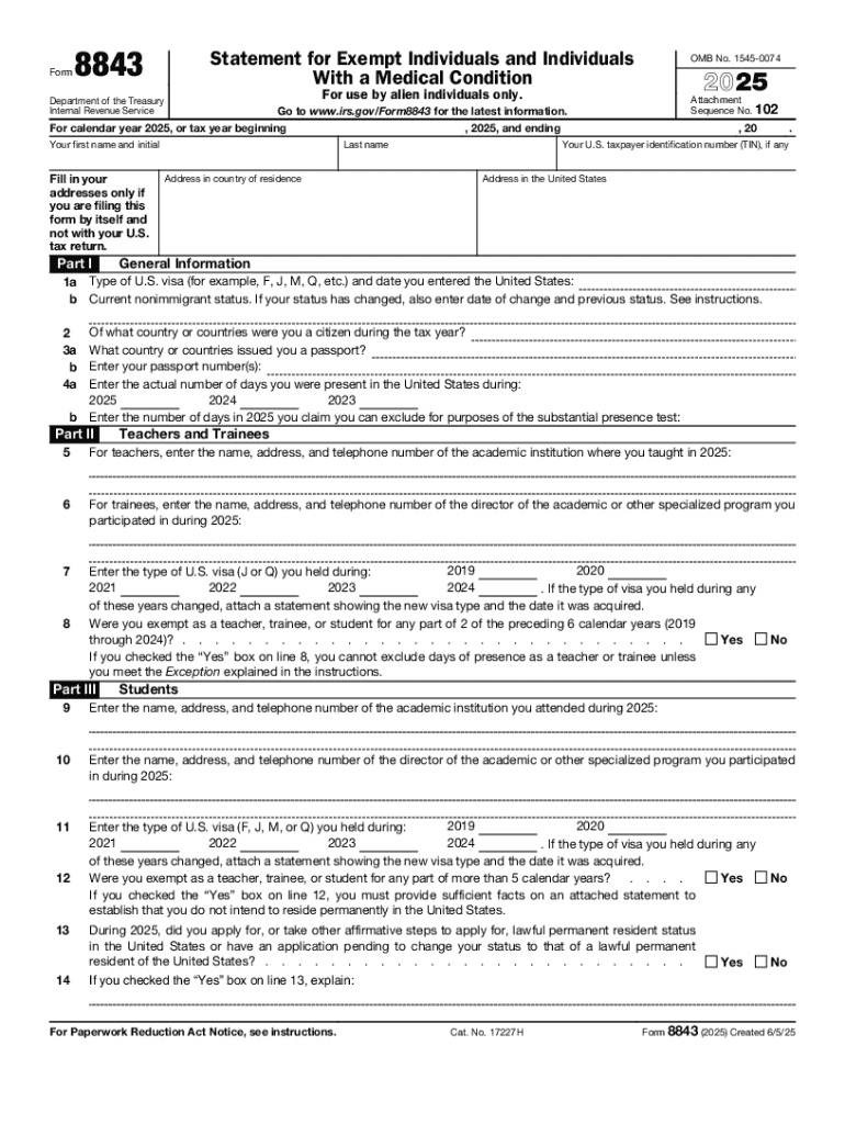Form 8843, Statement for Exempt Individuals with a Preview on Page 1
