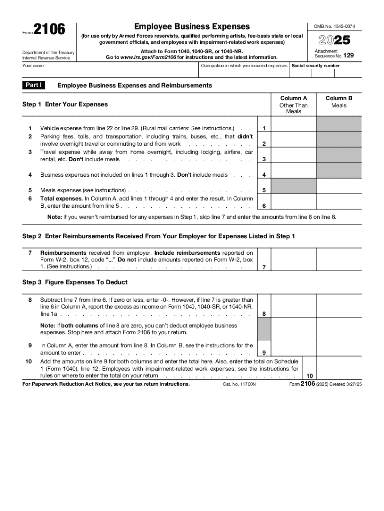 2025 Form 2106 Employee Business Expenses Preview on Page 1