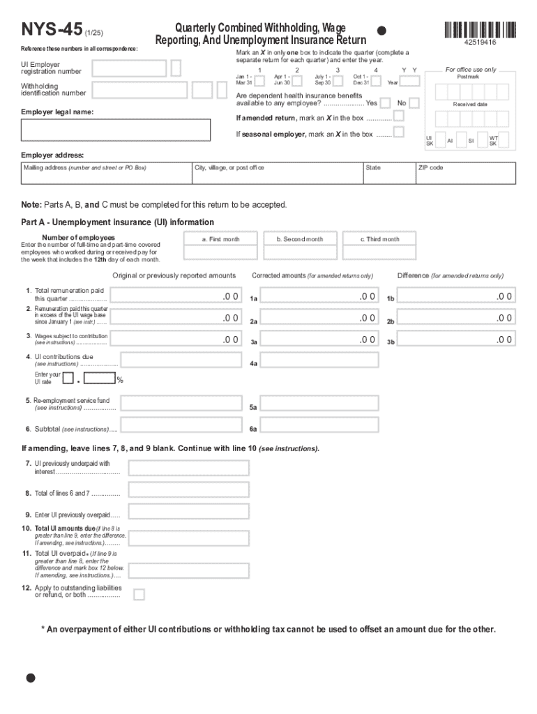 Form NYS-45 Quarterly Combined Withholding, Wage Reporting, and Unemployment Insurance Return Revise Preview on Page 1