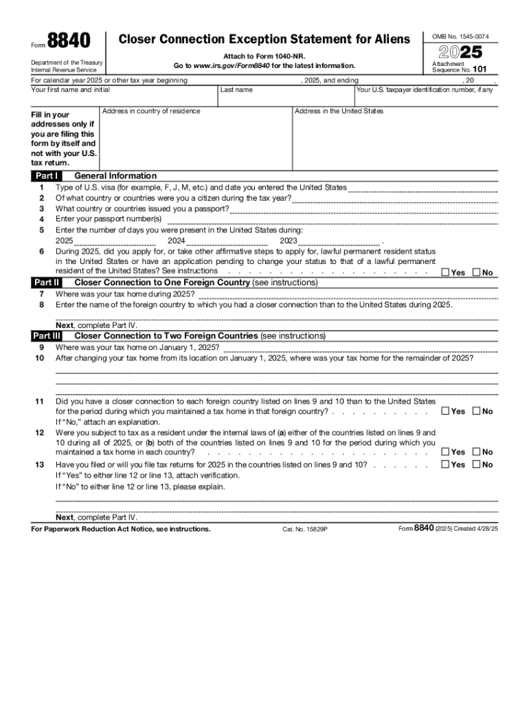 Form 8840 - Closer Connection Exception Statement for Preview on Page 1