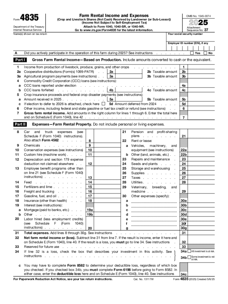 Form 4835, farm rental income and expenses (crop and Preview on Page 1