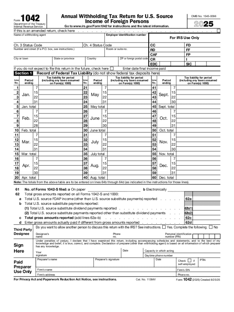 2025 Form 1042 Annual Withholding Tax Return for U S Source Income of Foreign Persons Preview on Page 1