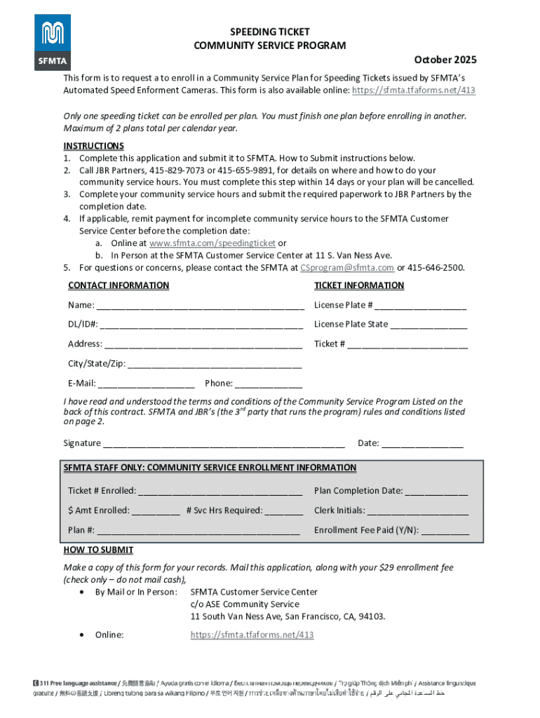 Speeding Ticket Community Service Program - Blank Fillable Template ...