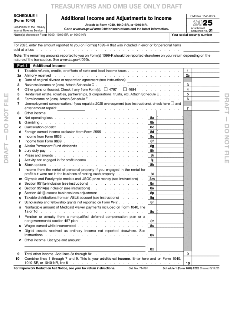 2025 Schedule 1 (Form 1040) Additional Income and Adjustments to Income Preview on Page 1