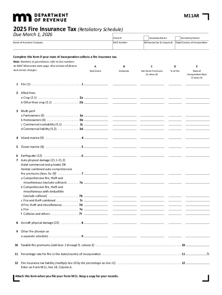 2025 M11AR, Fire Insurance Tax (Retaliatory Schedule) Preview on Page 1