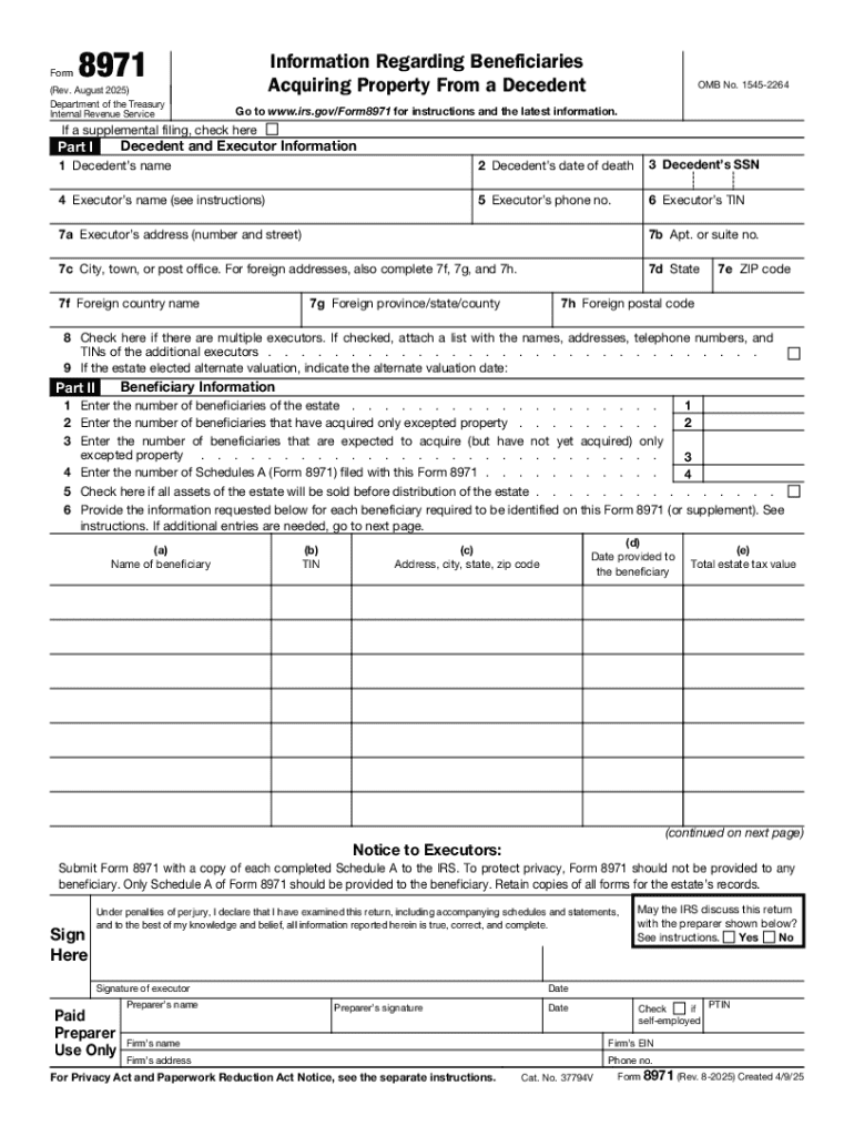 New Estate Tax Filing Requirements Form 8971 Preview on Page 1