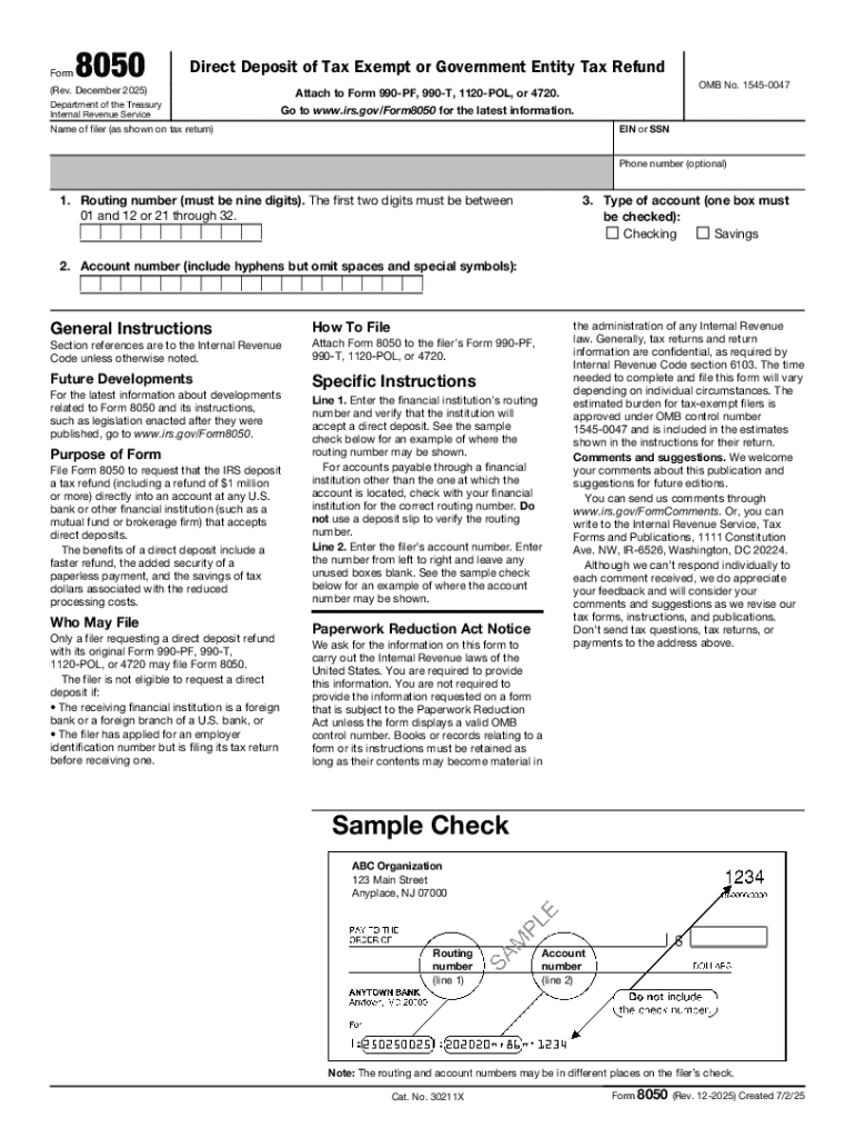 Form 8050 (Rev December 2025) Direct Deposit of Tax Exempt or Government Entity Tax Refund Preview on Page 1