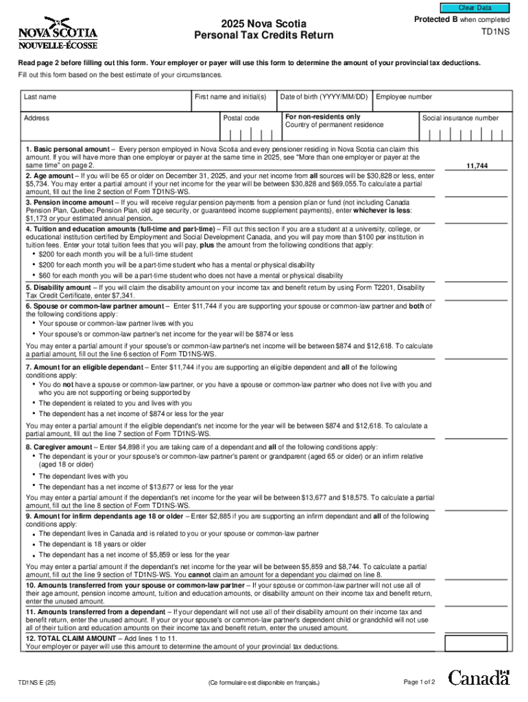 Nova Scotia Personal Tax Credits Return Preview on Page 1